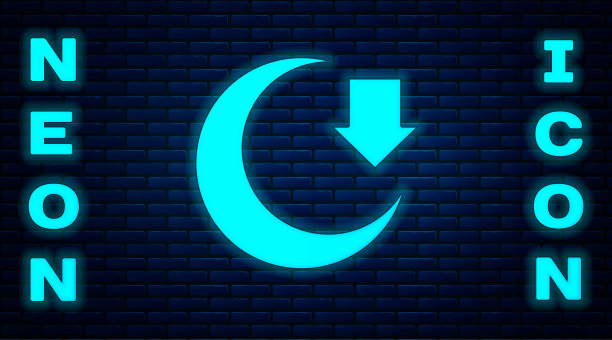 发光的霓虹灯月亮图标孤立的砖墙背景。向量图片下载