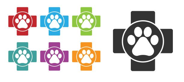 黑色兽医诊所标志图标孤立在白色背景。十字医院的迹象。一个程式化的爪印狗或猫。宠物急救标志。设置图标丰富多彩。向量图片下载