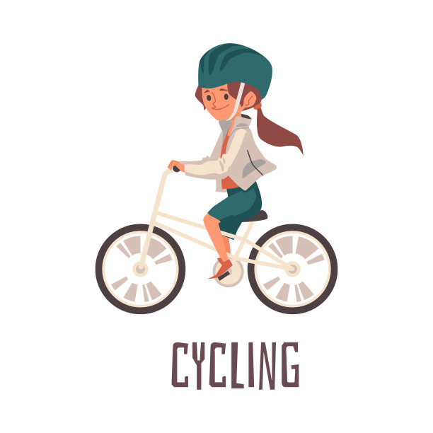 骑自行车儿童体育活动卡与女孩平面矢量插图孤立。图片下载