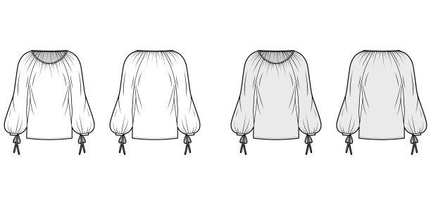 衬衫技术时尚插图与宽圆领口，轻快的剪影，尖褶，主教袖图片下载