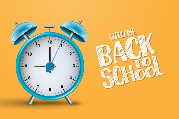 回到学校横幅。绿色木制框架和字母黑板，闹钟。3d现实矢量插图。图片下载