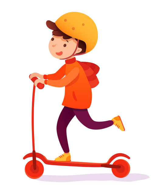 卡通男孩在头盔和背包骑滑板车图片下载