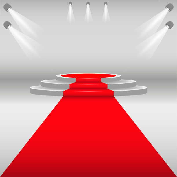红地毯和讲台。白色圆形底座与红色轨道。舞台上配有领奖台灯光，为颁奖典礼场景。向量图片下载