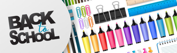 返回学校横幅或标题。教育文具用品的学生和教师在白色的背景。3 d现实的例证。图片下载