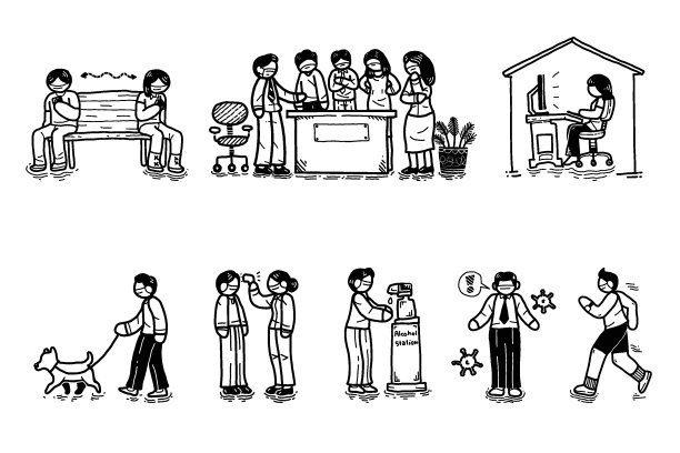 人在新常态，涂鸦矢量插画。图片下载