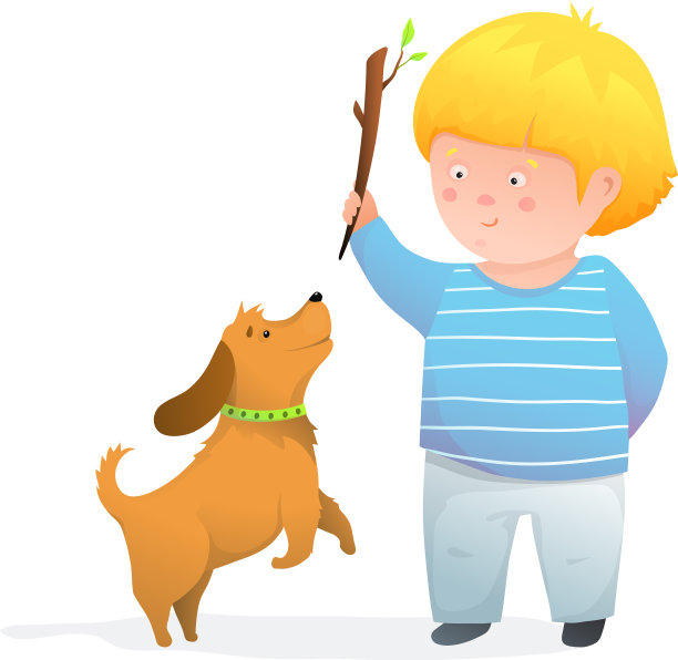 小男孩扔木棍为小狗高兴和跳跃素材图片