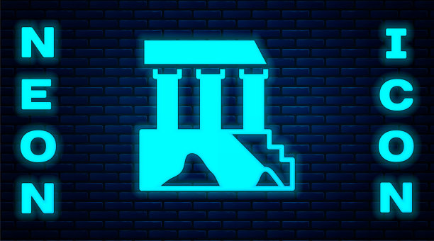 发光的霓虹灯帕台农从雅典，卫城，希腊图标孤立在砖墙背景。希腊古代国家地标。向量图片下载