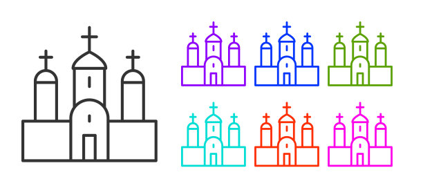 黑线教堂建筑图标孤立在白色背景上。基督教教堂。宗教的教堂。设置图标丰富多彩。向量图片下载