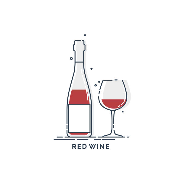 瓶和玻璃红酒线艺术的扁平风格图片下载