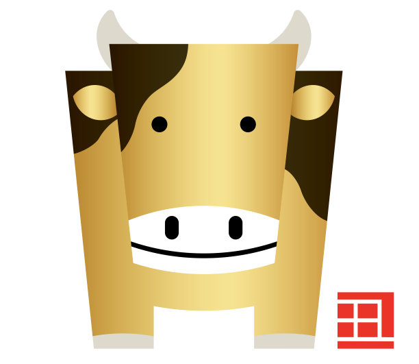 牛年矢量几何吉祥物和邮票矢量插图，孤立在一个绿色背景。图片下载