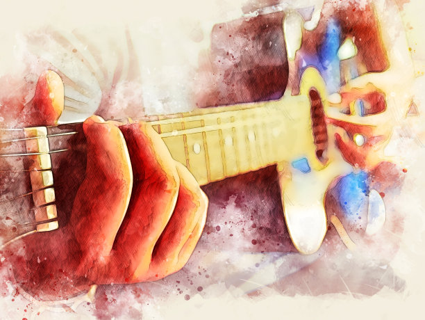 美丽的女人在水彩画的背景上弹奏吉他。图片下载