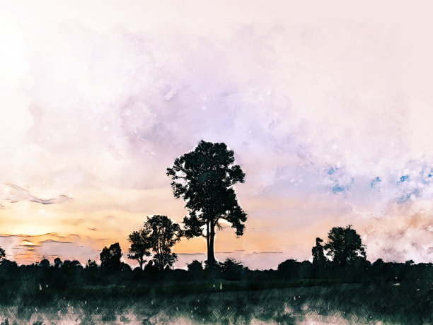 抽象彩色形状上的树和田野风景水彩插图绘画背景。图片下载