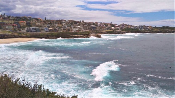 风景如画的邦迪海岸步道，可以看到海洋、巨石和悬崖图片下载