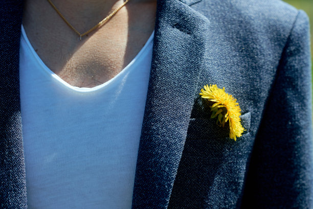 近距离拍摄男人的胸部在一个蓝色蒲公英夹克在口袋概念图片下载