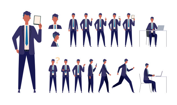 一组不同姿势的商人角色。工作、站、走、坐、跑。图片下载