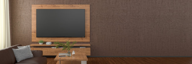 电视屏幕上的棕色墙壁与木板上方的橱柜在现代客厅沙发和咖啡桌。图片下载