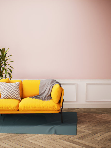 现代粉色客厅室内设计与黄色沙发图片下载