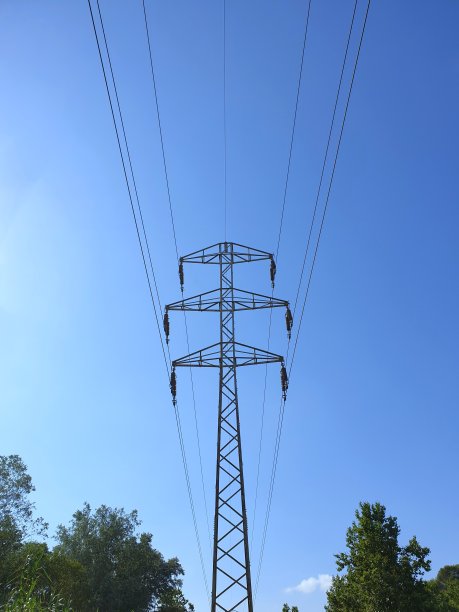 高压电塔旁树。电线横跨蓝天。能源、电力、可再生能源、生态系统、工业的概念。垂直彩色背景图像。图片下载