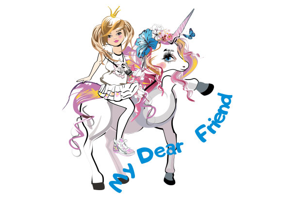 卡通可爱的小女孩公主和她的神奇朋友独角兽用鲜花和蝴蝶与一个口号女士。图片下载