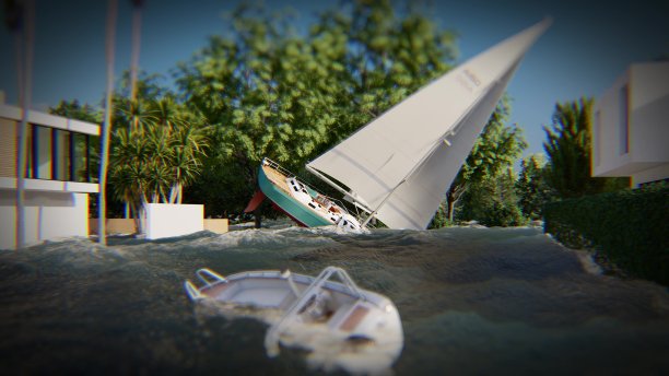 被淹没的道路在大雨造成的洪水三维渲染图片下载