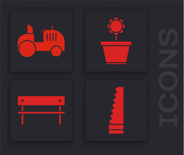 设置花园锯拖拉机花在花盆和长凳图片下载