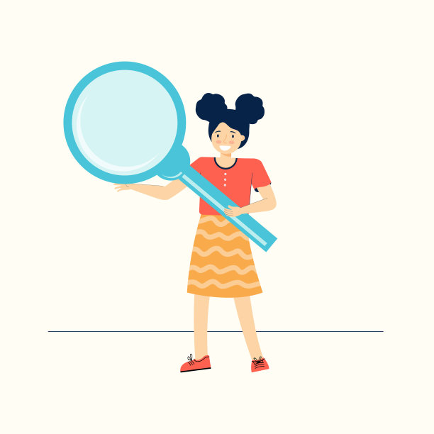 聪明的女学生拿着一个大放大镜。好奇的少女探索和研究她周围的世界。有趣的儿童卡通人物。回到学校。现代平面矢量插图图片下载