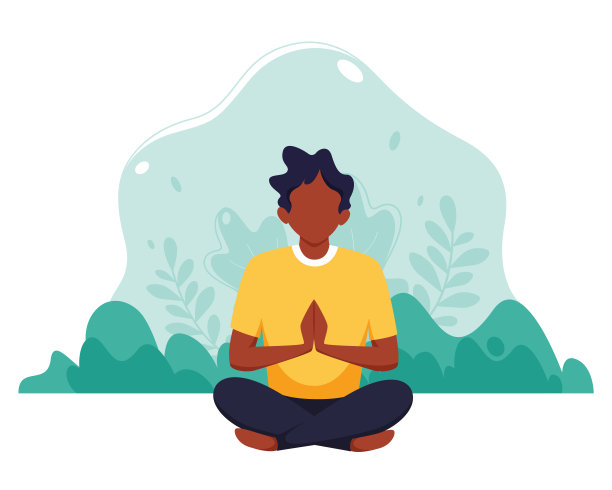 一个黑人在自然背景下沉思。为健康的生活方式，瑜伽，冥想，放松，娱乐的概念插图。矢量插图在平面风格。素材图片