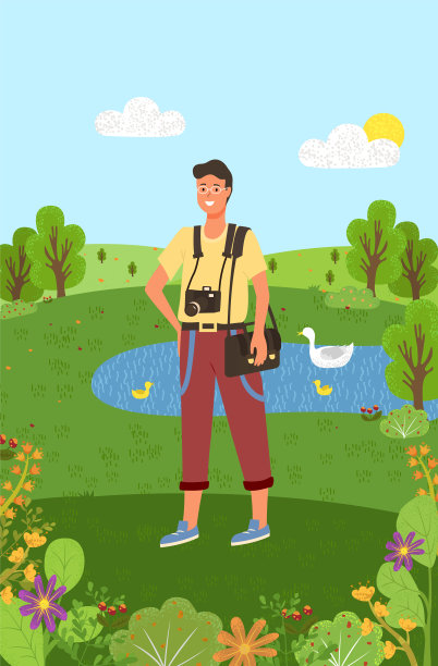 摄影师与设备走在公园池塘图片下载