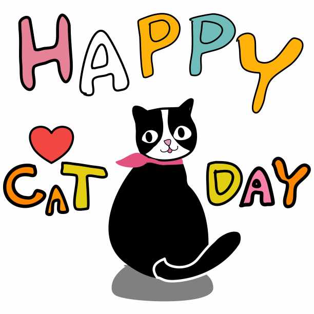 猫日手绘矢量可爱的黑猫与粉红色的衣领与字快乐的猫日图片下载