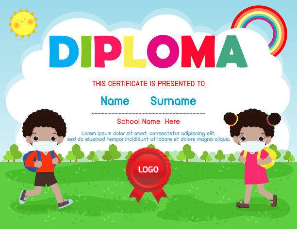 证书幼儿园和小学，学前儿童文凭证书背景设计模板，可爱的孩子戴口罩预防冠状病毒2019 nCoV或covid-19，载体插图图片下载