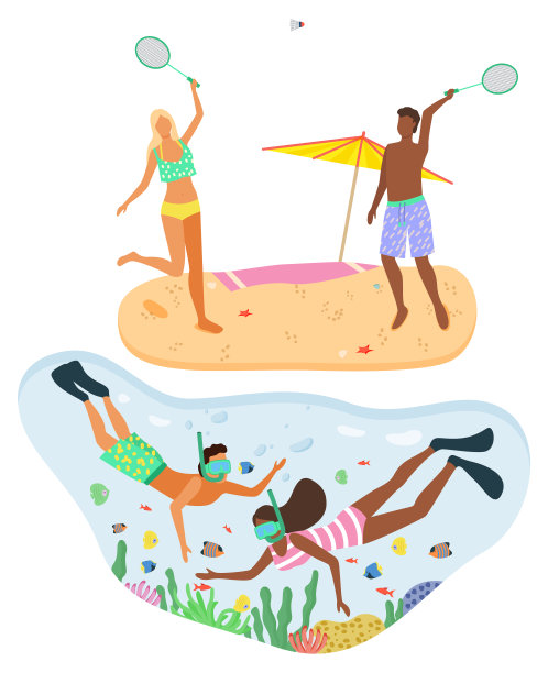 沙滩羽毛球，浮潜，沙滩活动图片下载