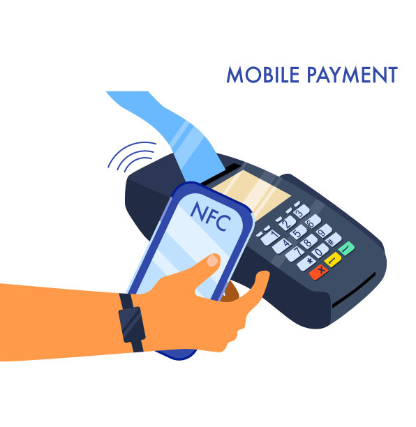 NFC非接触式技术。使用智能手机支付。POS终端有收据，确认转账。图片下载