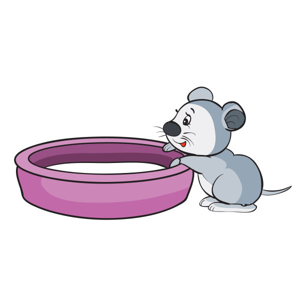 一只灰色的小老鼠坐在一个盛牛奶的大碗旁边，卡通插图，白色背景上的孤立物体，矢量插图，图片下载