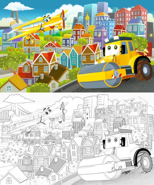 卡通有趣的场景与素描的城市中心与飞行的飞机和汽车的车辆插图图片下载