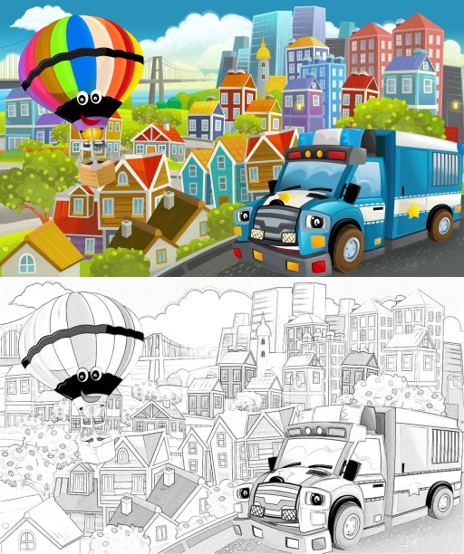 卡通有趣的场景与素描的城市中心与飞行的飞机和汽车的车辆插图图片下载