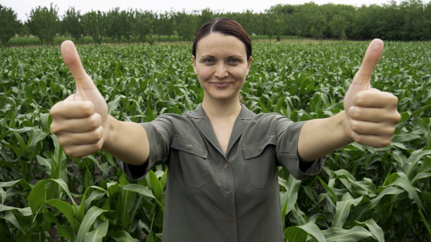 一名白人妇女在年轻的玉米地里用双手竖起大拇指。图片下载