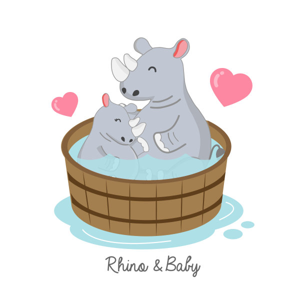 母亲节卡片。快乐的犀牛和婴儿卡通。图片下载