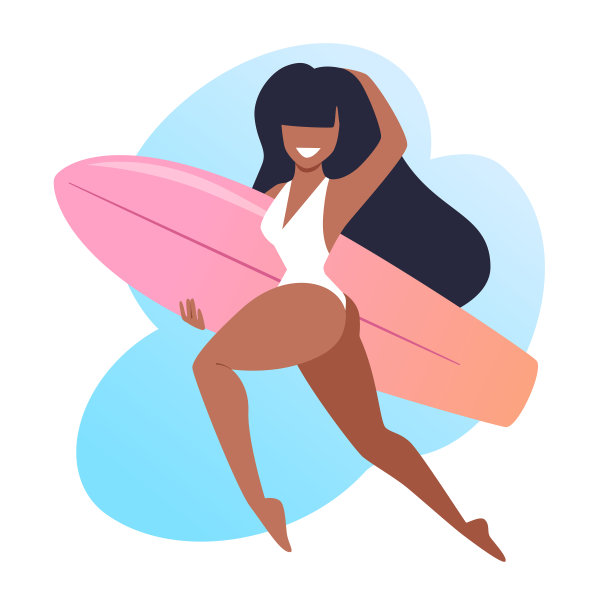 女孩长头发穿着白色泳衣拿着冲浪板跑。深色头发，白色游泳衣。矢量插图，夏季时间概念。素材图片