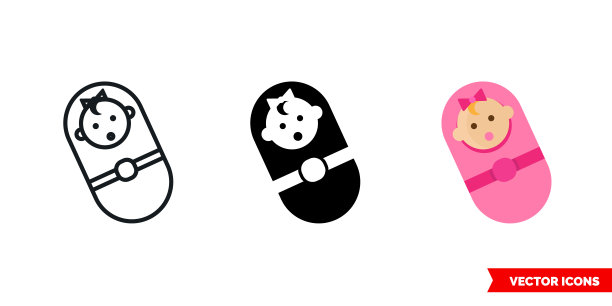 3种类型的女婴图标。孤立向量符号符号图片下载