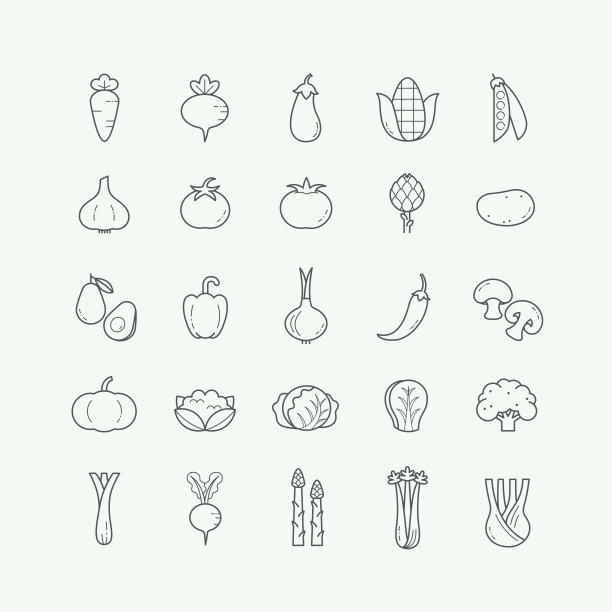 素菜、素菜、素菜细线图标设置。蔬菜线图标设置，轮廓样式。图片下载