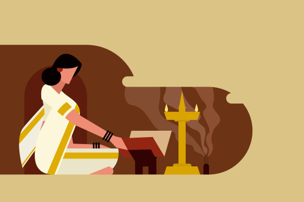 传统服饰女人阅读印度教宗教文本《罗摩衍那》插画图片下载