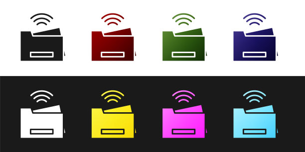 设置智能打印机系统图标隔离在黑白背景。物联网概念与无线连接。向量图片下载