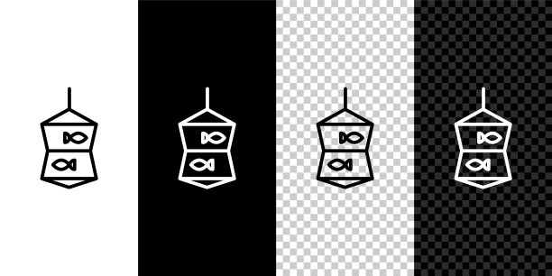 设置线渔网与鱼图标隔离在黑白背景。向量图片下载