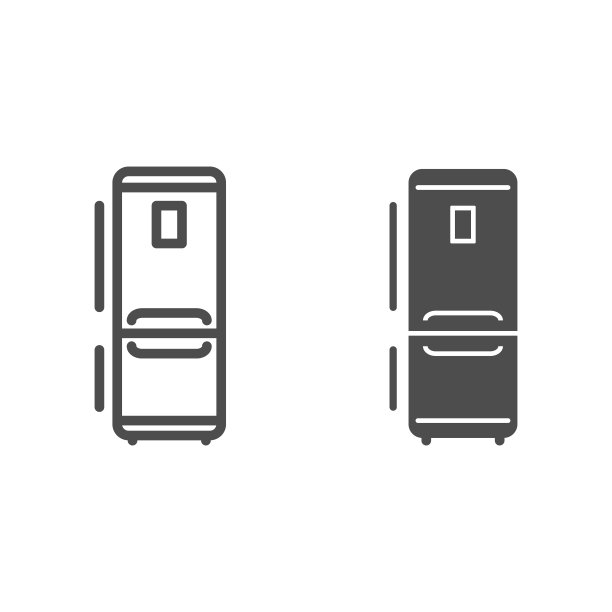 冰箱线和固体图标，厨房电器概念，冰箱标志在白色背景，厨房冰箱图标在移动概念和网页设计的轮廓风格。矢量图形。图片下载