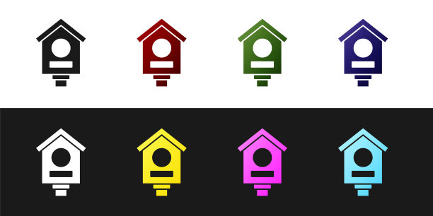 设置鸟屋图标隔离在黑色和白色背景。巢箱鸟舍，为鸟类自制的建筑。向量图片下载