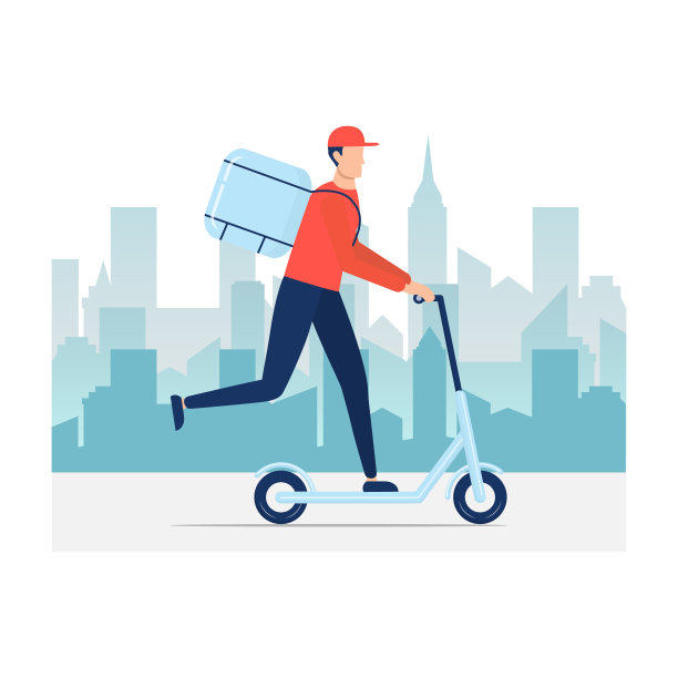 快递在摩托车与包裹盒子在城市矢量孤立在白色。图片下载