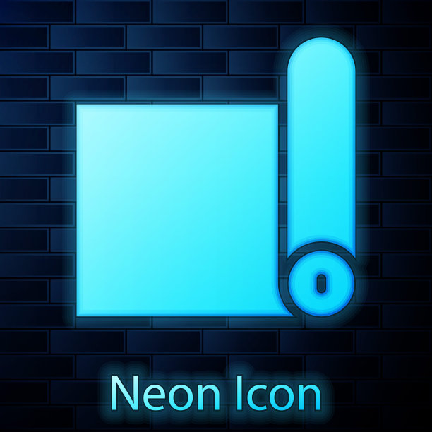 霓虹灯健身垫卷图标孤立在砖墙背景上。瑜伽垫。运动设备。向量图片下载