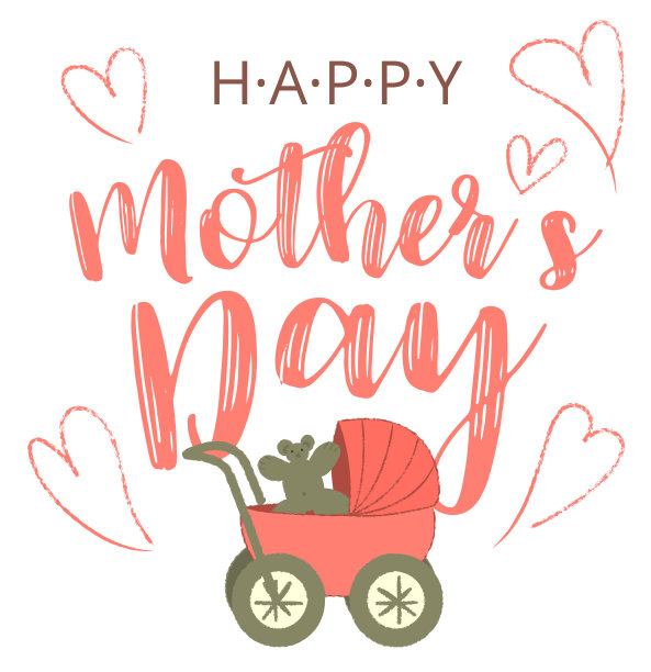 母亲节快乐卡通贺卡与时尚的大四肢插图。妈妈推着婴儿车。带婴儿车的女人。向量。沐浴宝贝，专辑封面，海报和庆典。图片下载