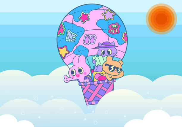 背景插图与兔子，熊和猫在一个气球图片下载