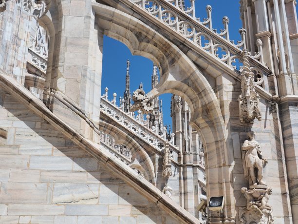 米兰,意大利。米兰著名的大教堂圆顶的建筑细节。在意大利的大教堂。这座教堂是该城的主要标志图片下载